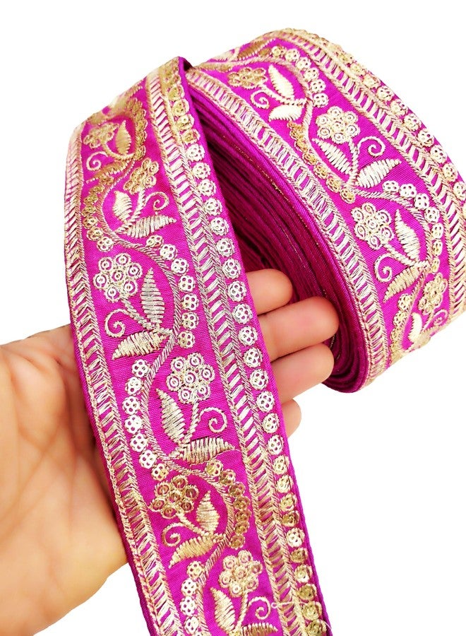 FRIJVEN Embroidery Gold Work with Sequence Design Lace Border Falls for Saree, Kurti, Dresses, Bandhani, Lehenga, Decorative Ribbon (6.5 cm Width) (9 Meter, Pink) - Image 3